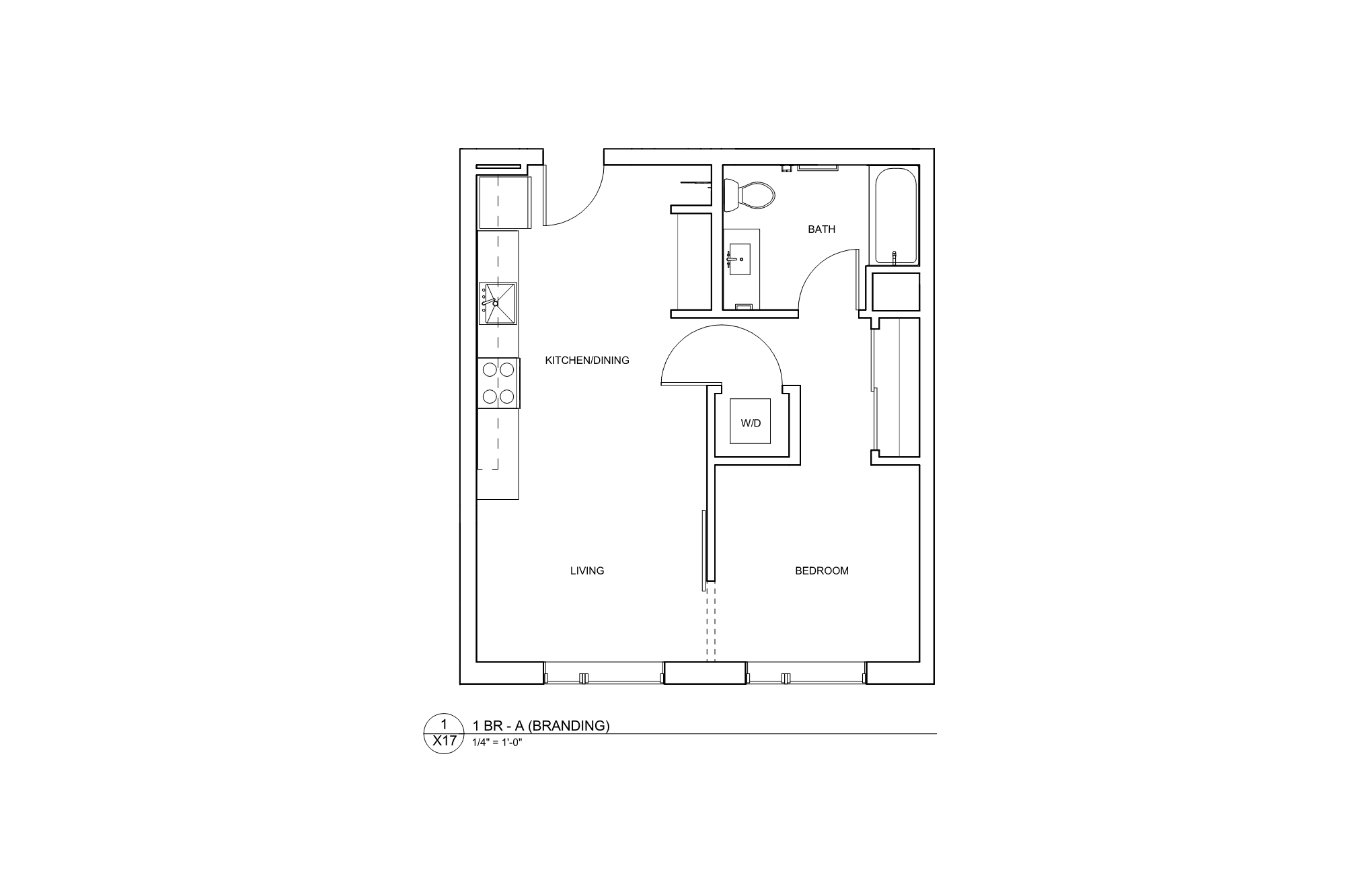 Floor plan for 1 bed, 1 bath, 613 sqft